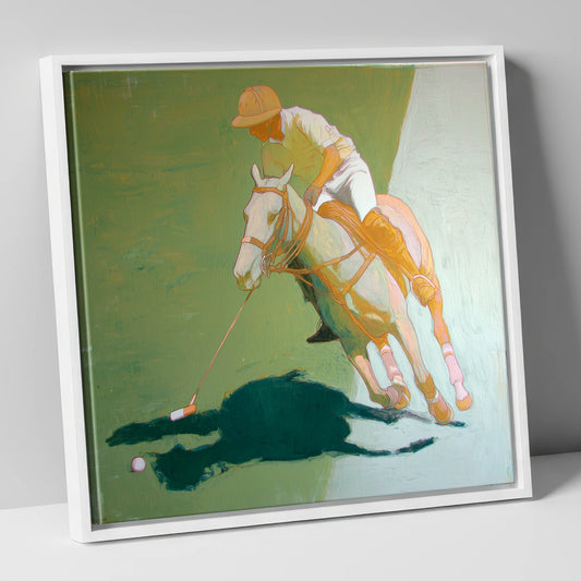 The Decisive Strike polo horse canvas wall art in white frame