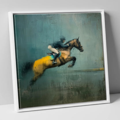 Suspended Energy show jumping horse canvas wall art in white frame