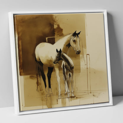 Sepia Shadows mare & foal canvas wall art in white frame