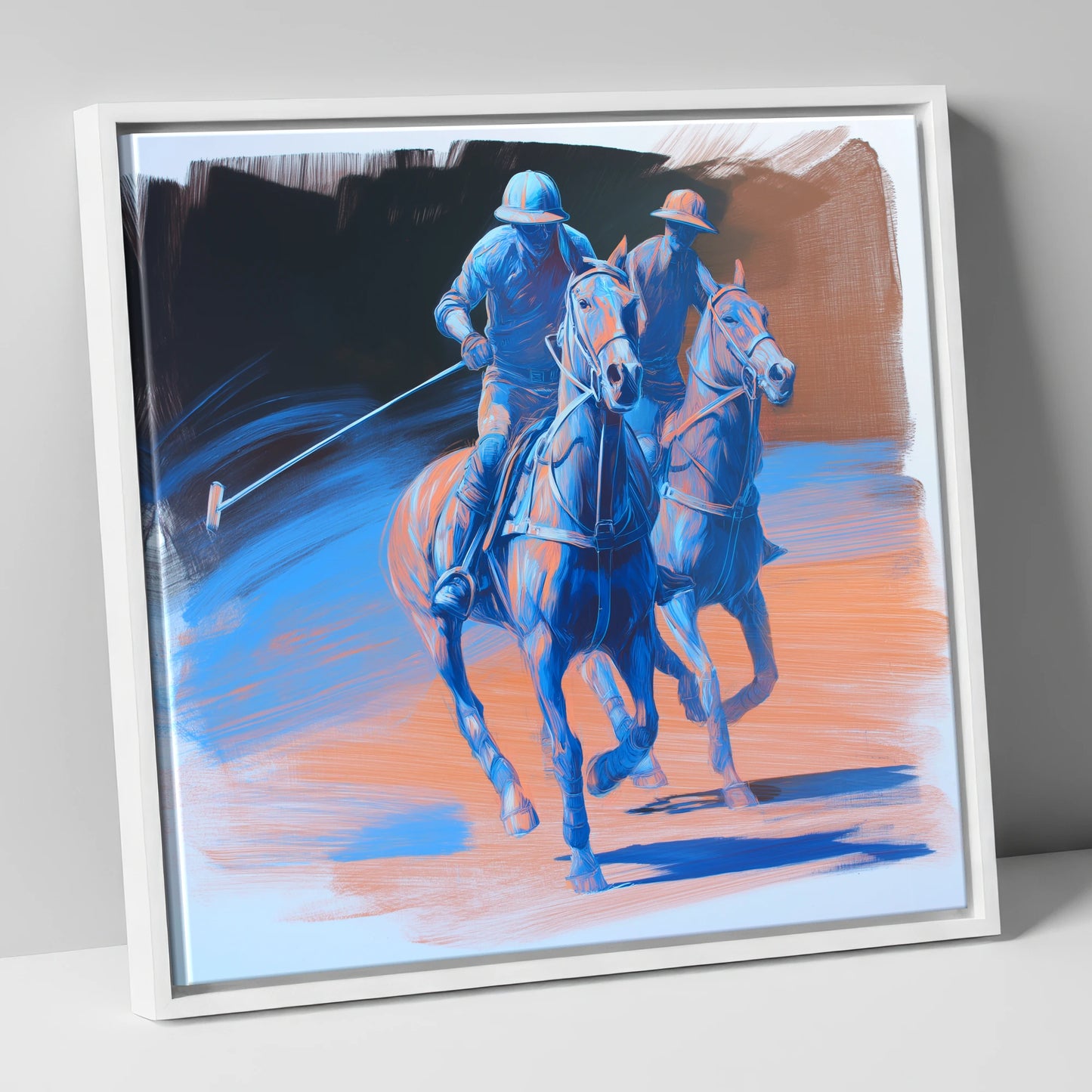 Cobalt Polo Pursuit polo horse canvas wall art in white frame