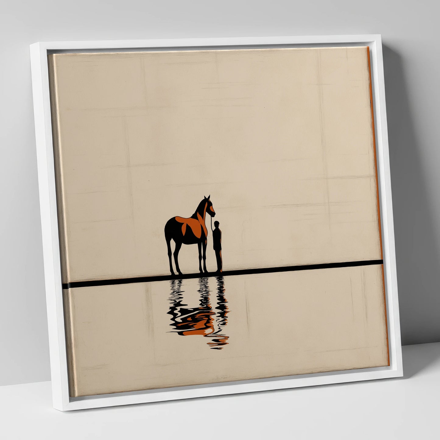 Reflected Bond horse & rider canvas wall art in white frame