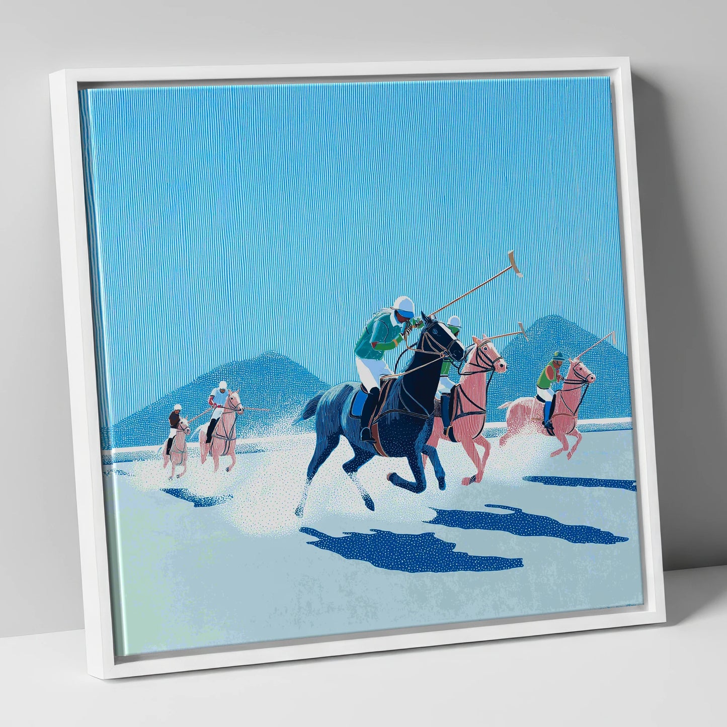 Azure Polo Pursuit polo horse canvas wall art in white frame