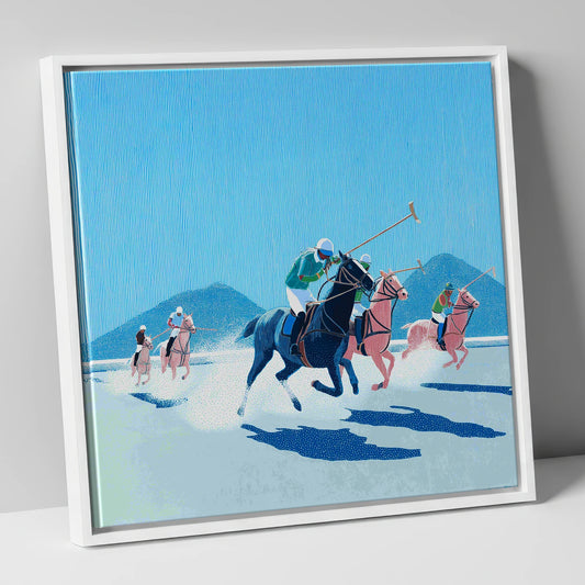 Azure Polo Pursuit polo horse canvas wall art in white frame