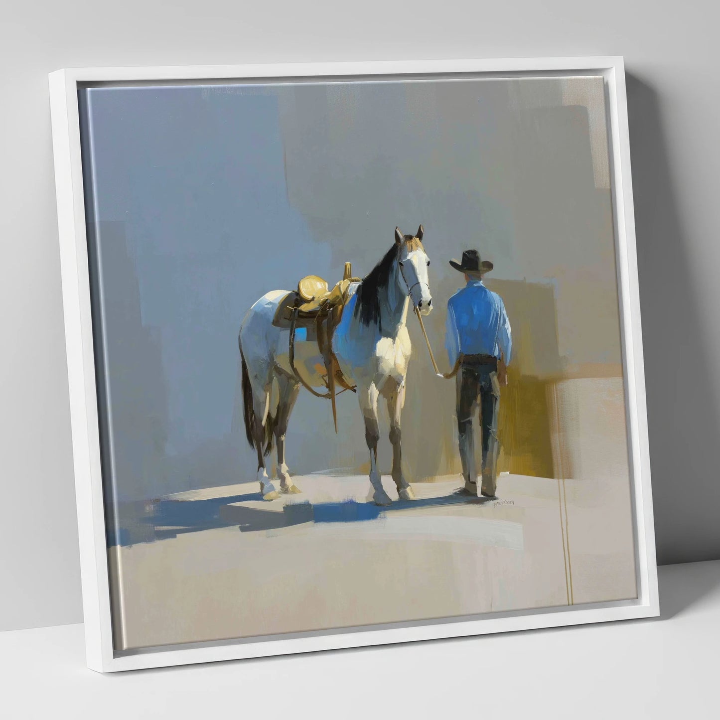 Quiet Western Partnership western horse canvas wall art in white frame