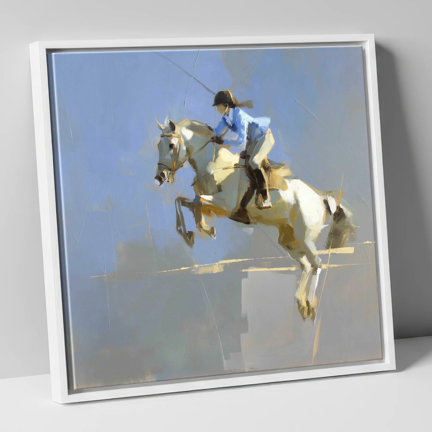 Soaring in Slate show jumping horse canvas wall art in white frame