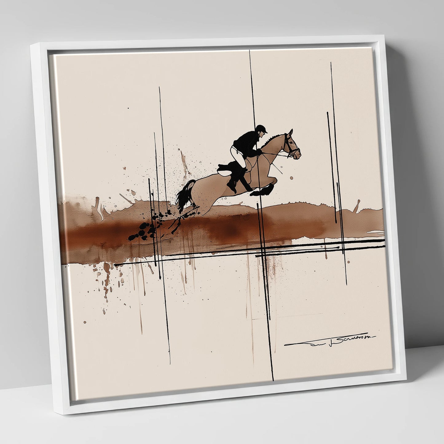 Dynamic Trajectory show jumping horse canvas wall art in white frame