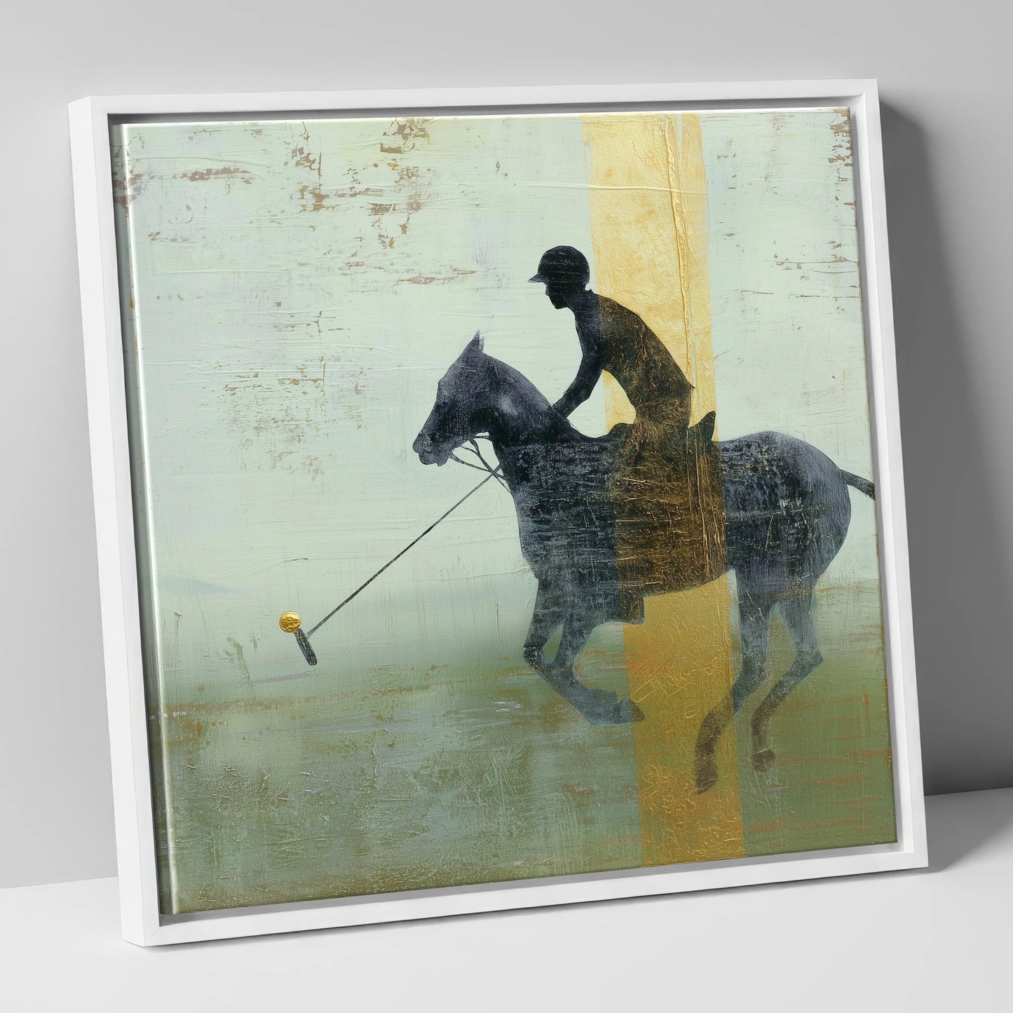 Gilded Chukka polo horse canvas wall art in white frame