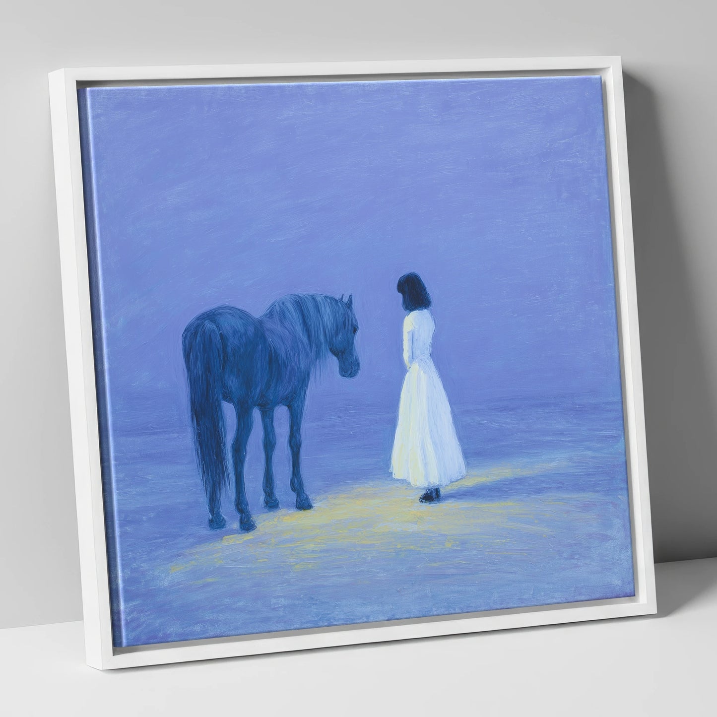 The Quiet Meeting horse & rider canvas wall art in white frame