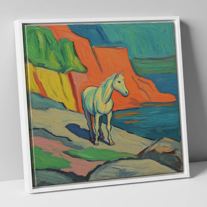 Vibrant Coastal Grey horse landscape canvas wall art in white frame