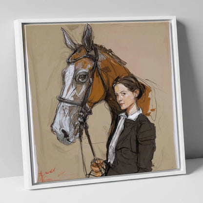 The Rider's Bond horse & rider canvas wall art in white frame