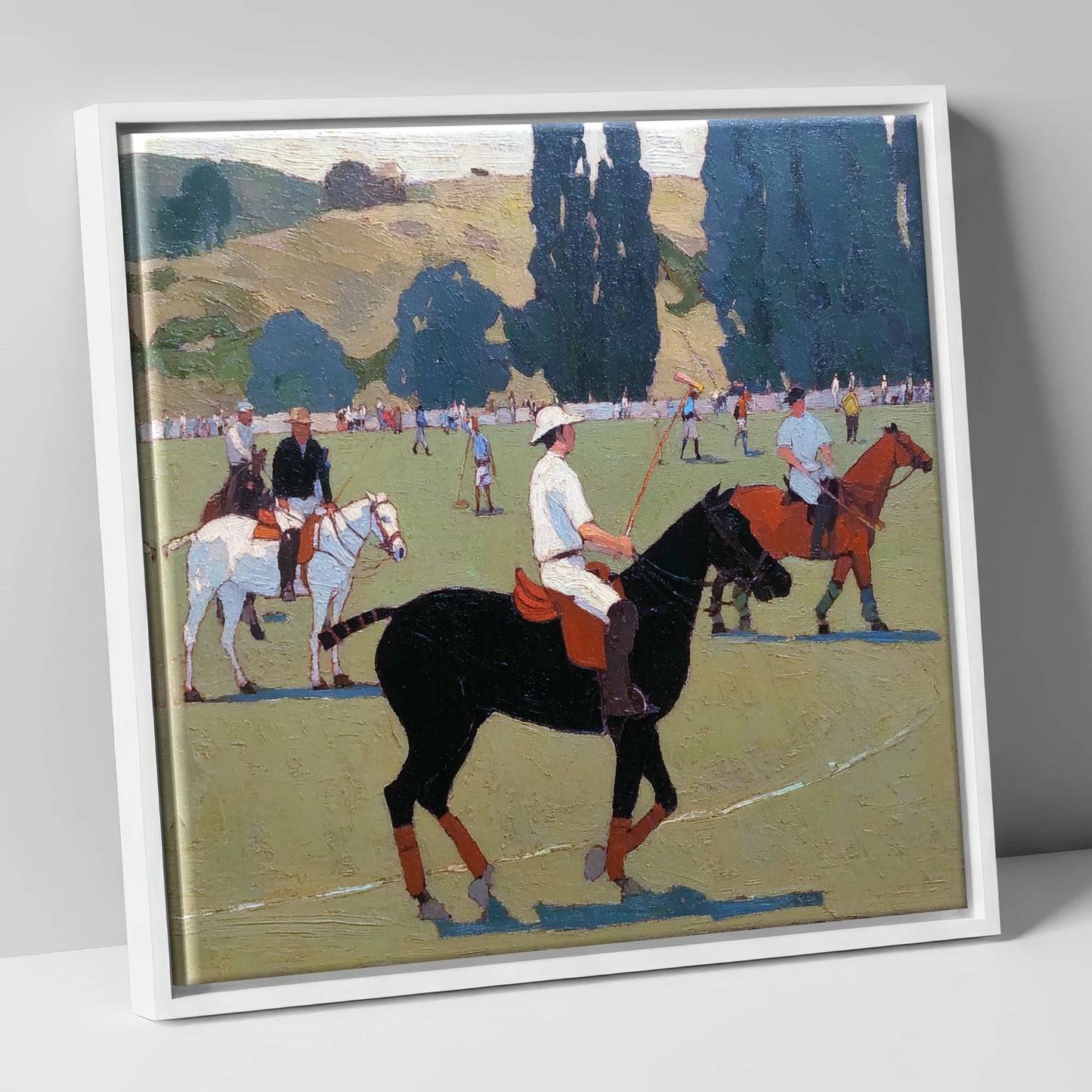 Midsummer Polo Pause polo horse canvas wall art in white frame
