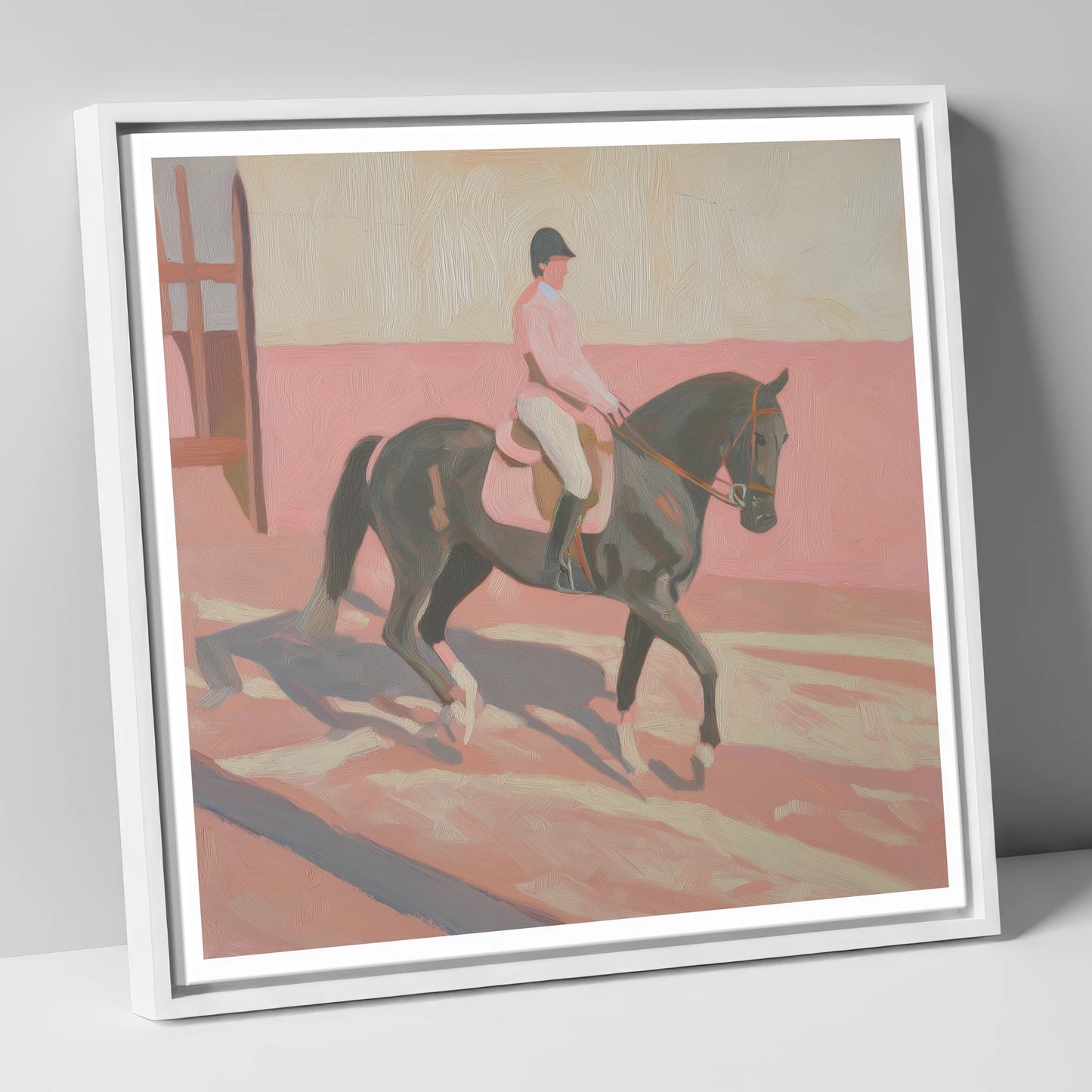Dusty Pink Shadows dressage horse canvas wall art in white frame