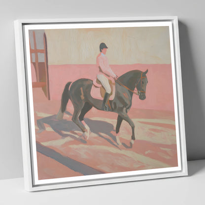 Dusty Pink Shadows dressage horse canvas wall art in white frame