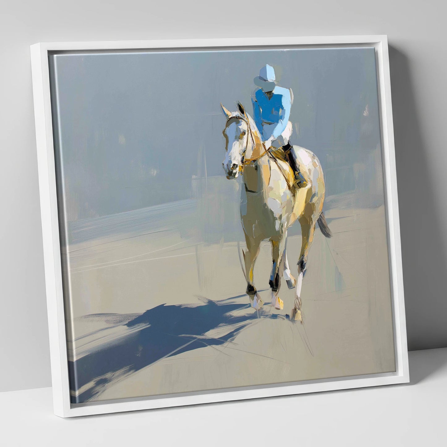 Sunlit Racing Grey racing horse canvas wall art in white frame