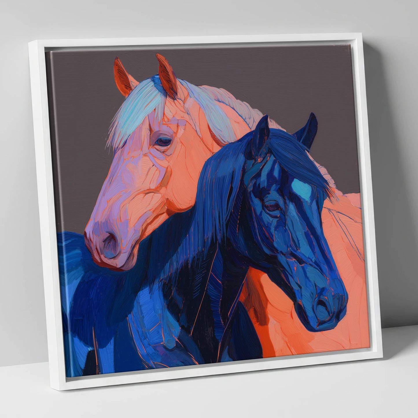Indigo And Peach Companions horse landscape canvas wall art in white frame