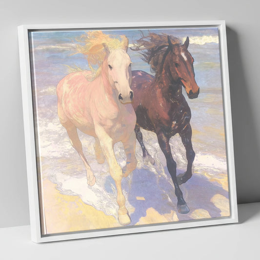 Ethereal Shoreline Canter horse landscape canvas wall art in white frame