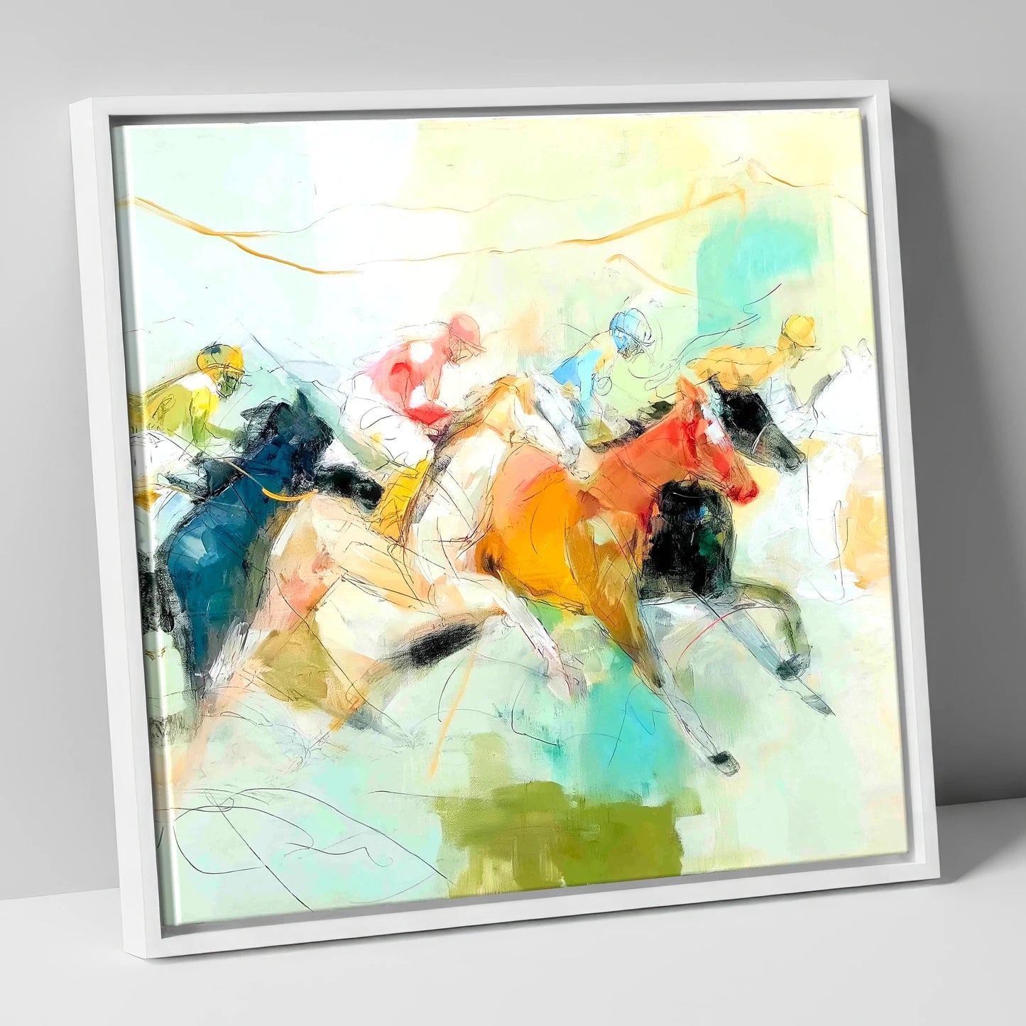 Rush to the Line racing horse canvas wall art in white frame