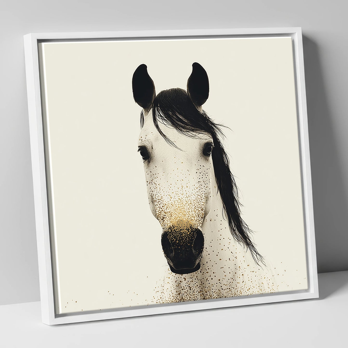 Gilded Equine Gaze horse portrait canvas wall art in white frame