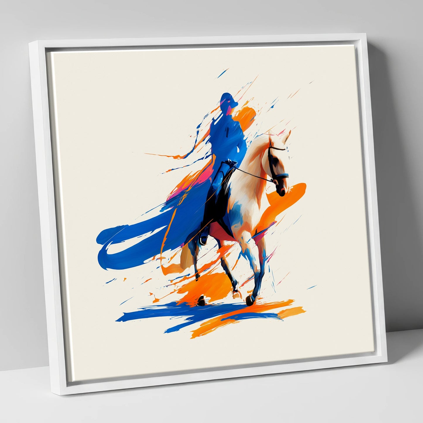 Cobalt Canter dressage horse canvas wall art in white frame