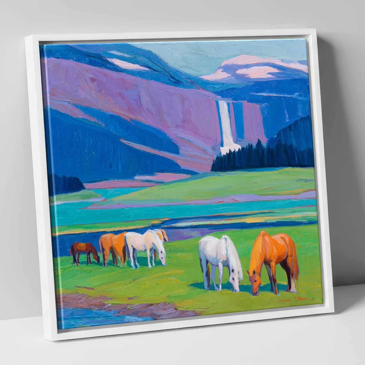 Waterfall Valley Pastures horse landscape canvas wall art in white frame