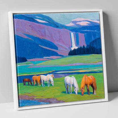 Waterfall Valley Pastures horse landscape canvas wall art in white frame
