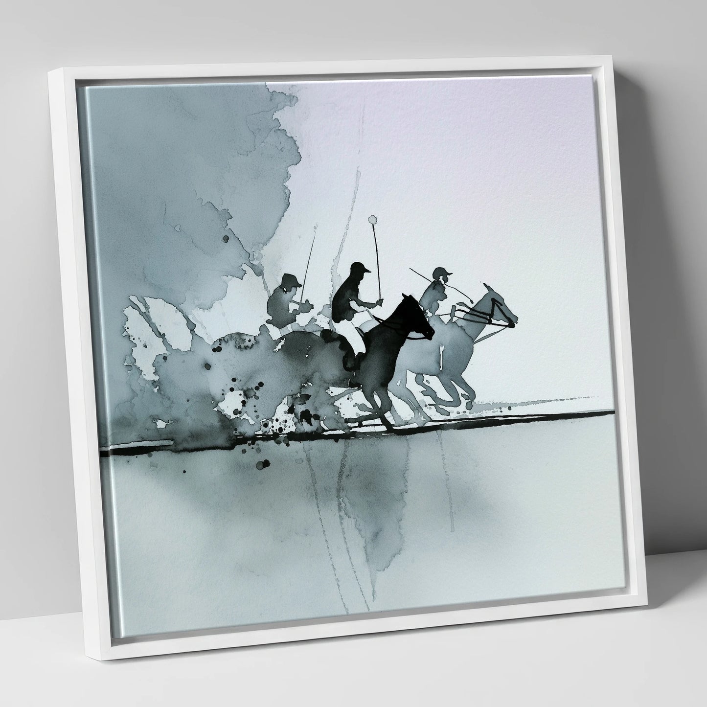 Shadows of the Chukka polo horse canvas wall art in white frame