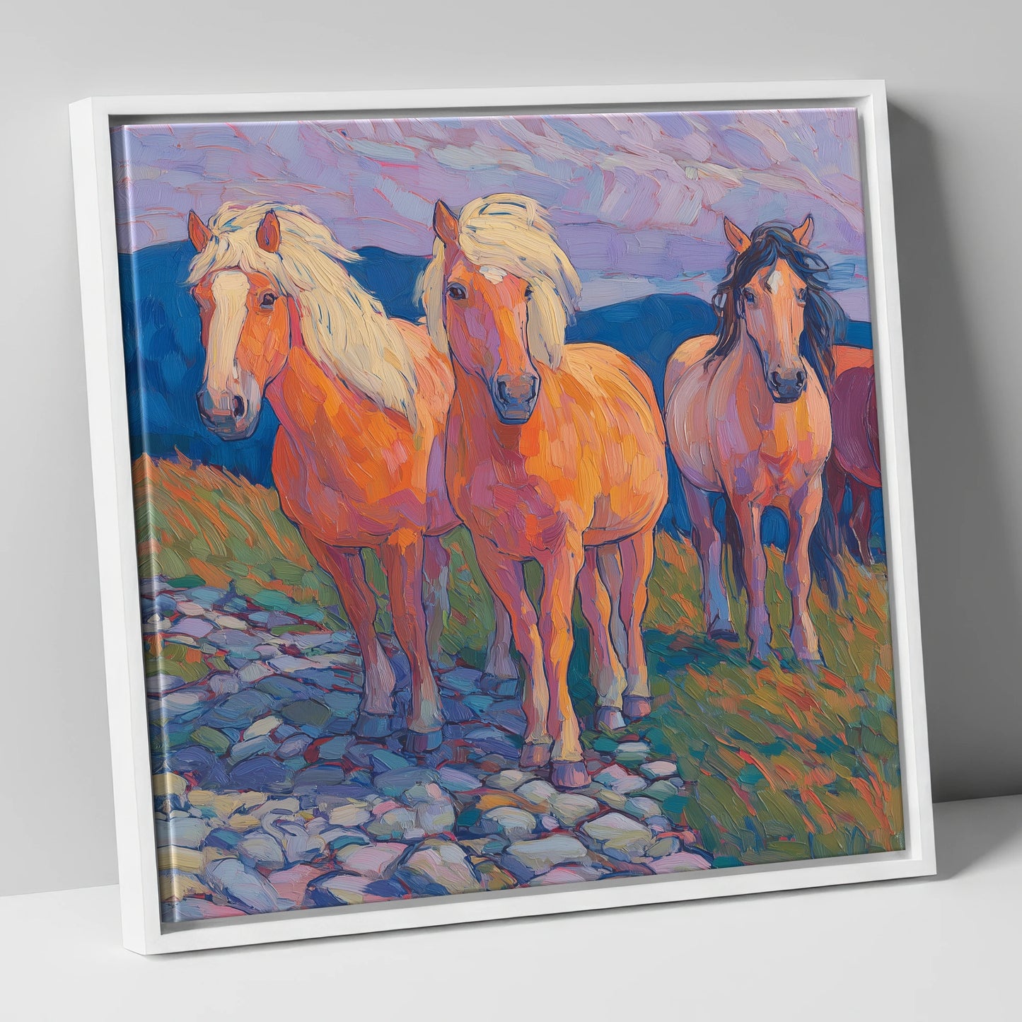 Painted Highland Herd horse landscape canvas wall art in white frame