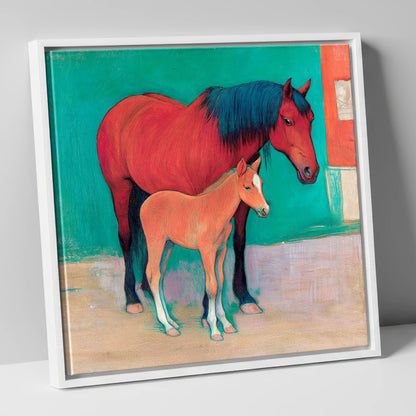 Crimson Mare and Foal mare & foal canvas wall art in white frame