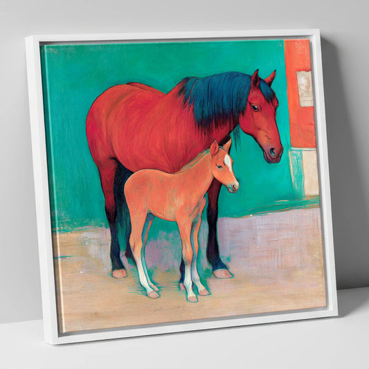 Crimson Mare and Foal mare & foal canvas wall art in white frame