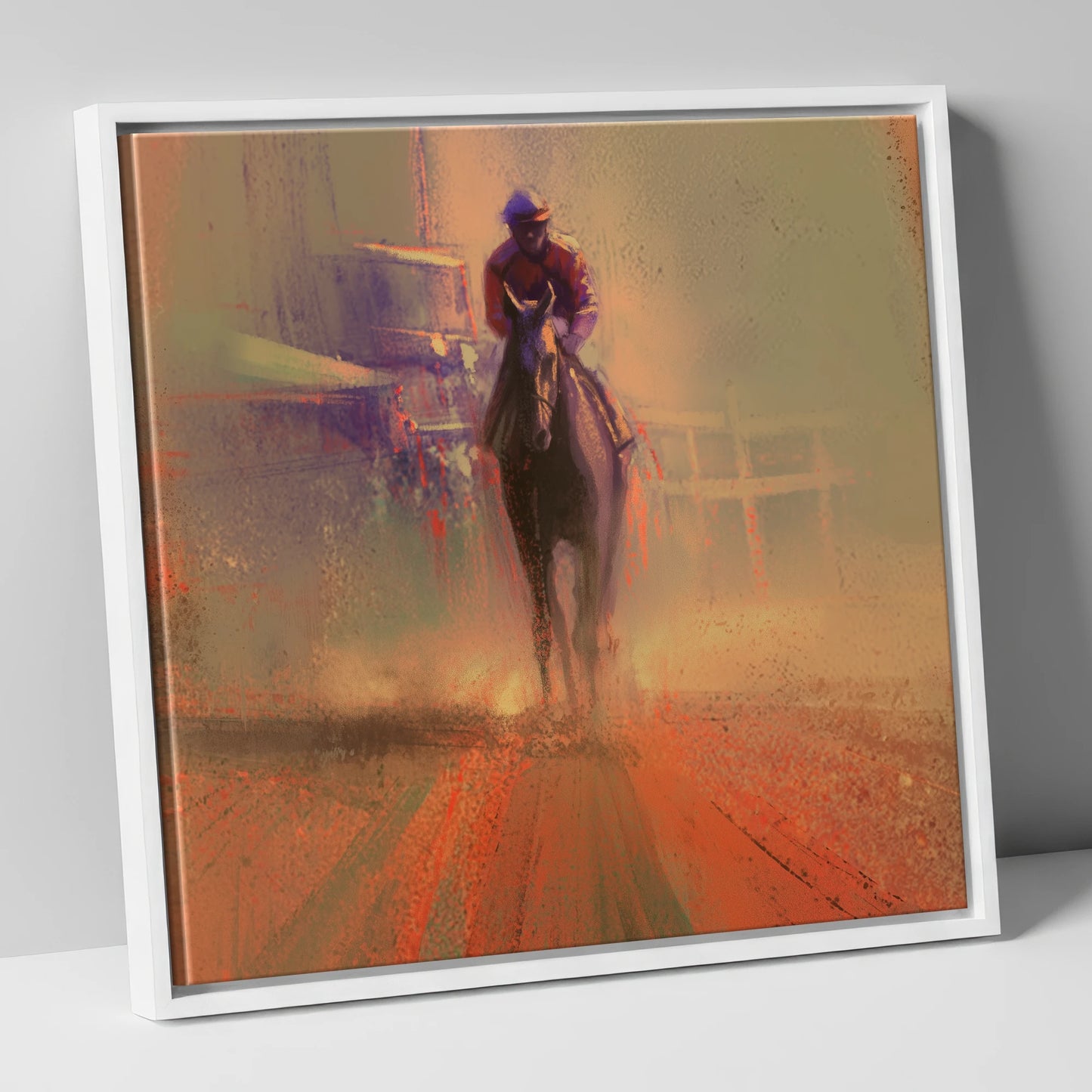 Emerging From The Dust racing horse canvas wall art in white frame