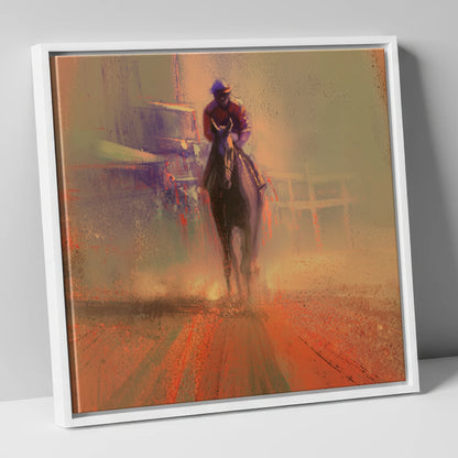 Emerging From The Dust racing horse canvas wall art in white frame