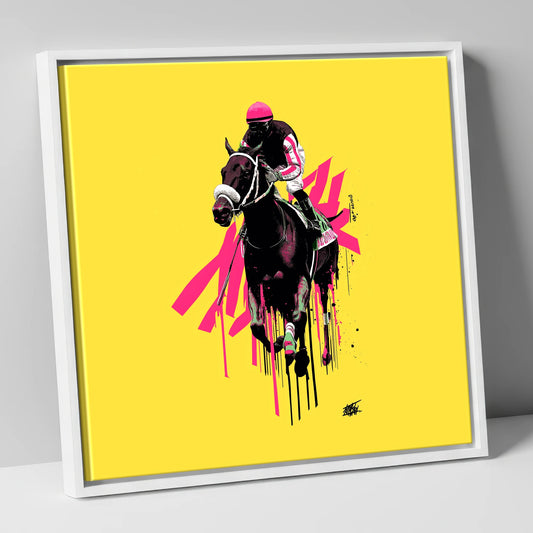 Neon Gallop racing horse canvas wall art in white frame