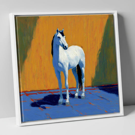Sun-Drenched White horse breed canvas wall art in white frame