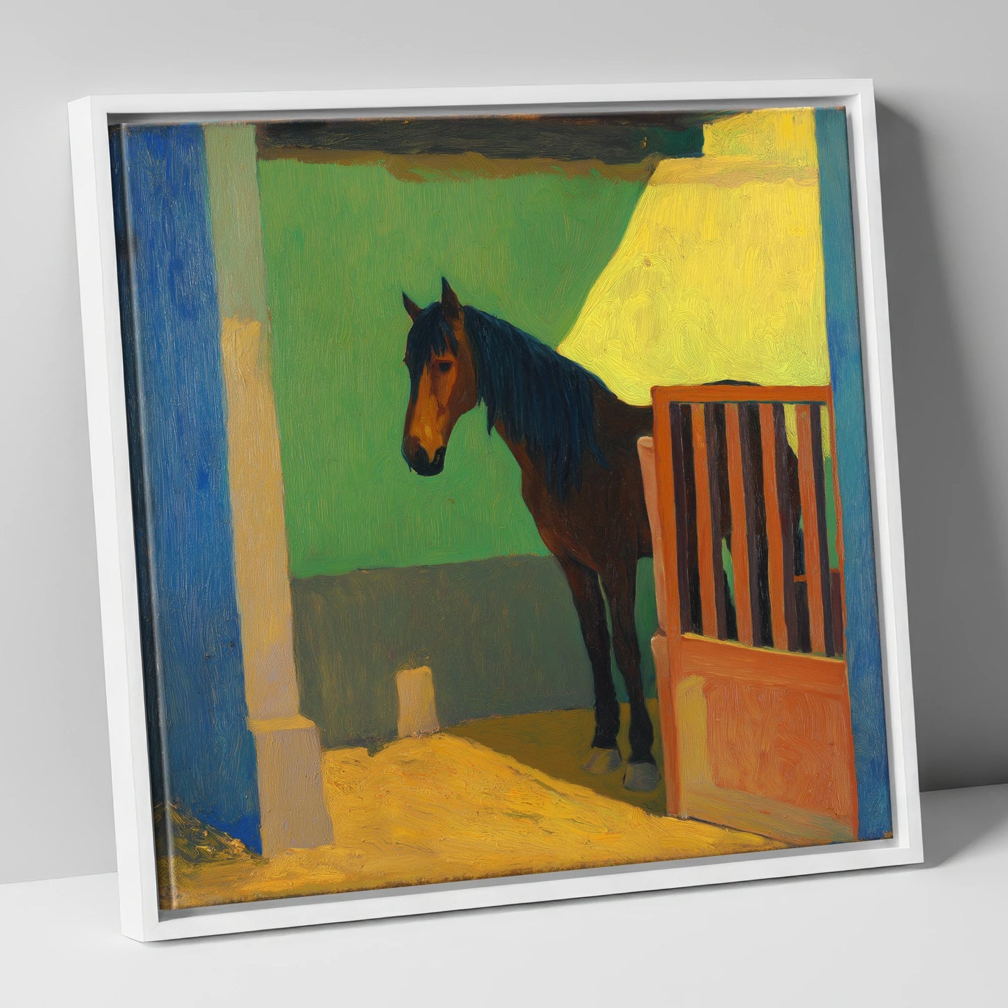 Vibrant Stable Light horse stable canvas wall art in white frame