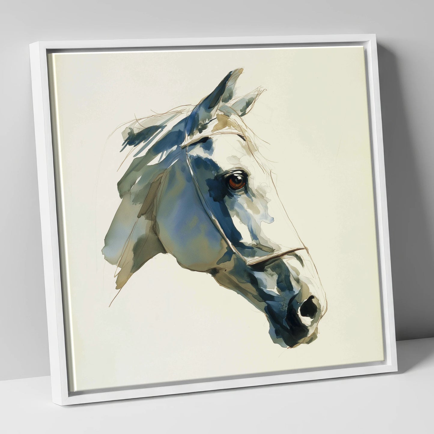 Sapphire Gaze in Indigo horse portrait canvas wall art in white frame