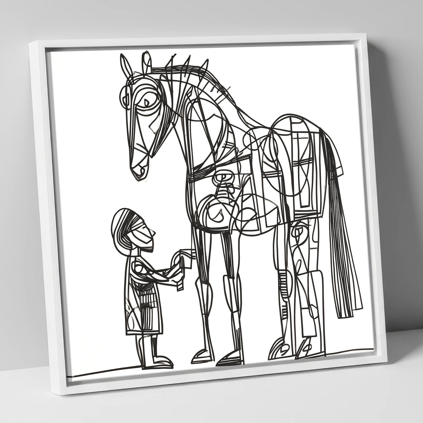 Linear Harmony horse & rider canvas wall art in white frame