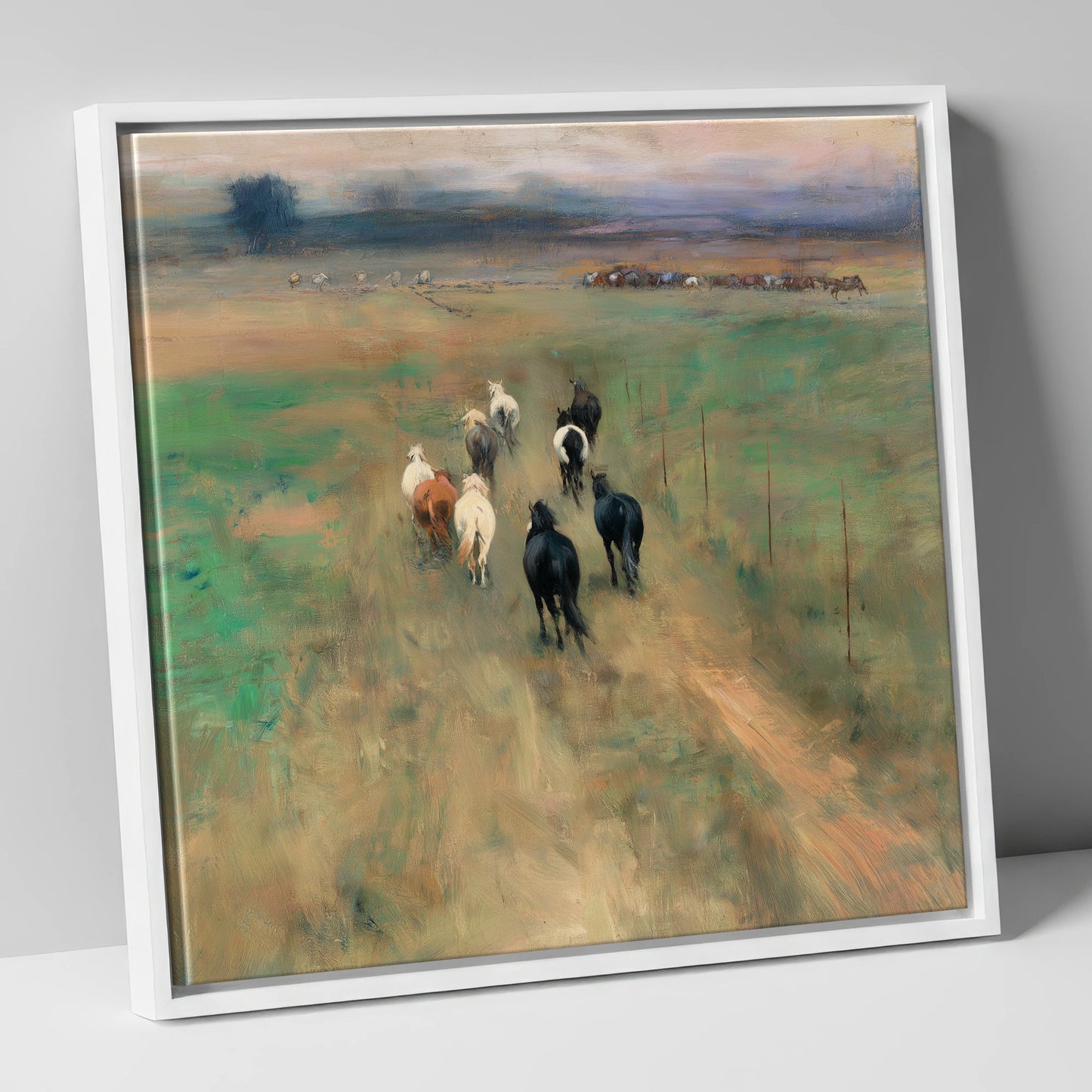 Following the Herd wild horses canvas wall art in white frame