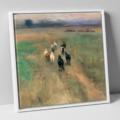 Following the Herd wild horses canvas wall art in white frame
