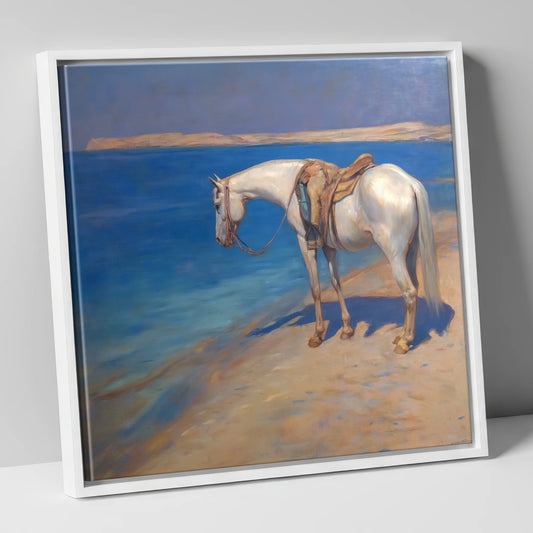 The Patient Grey horse landscape canvas wall art in white frame