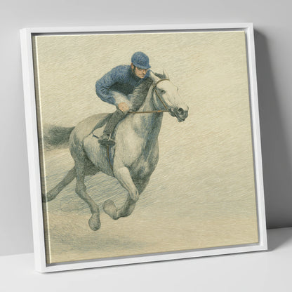 Racing the Grey racing horse canvas wall art in white frame