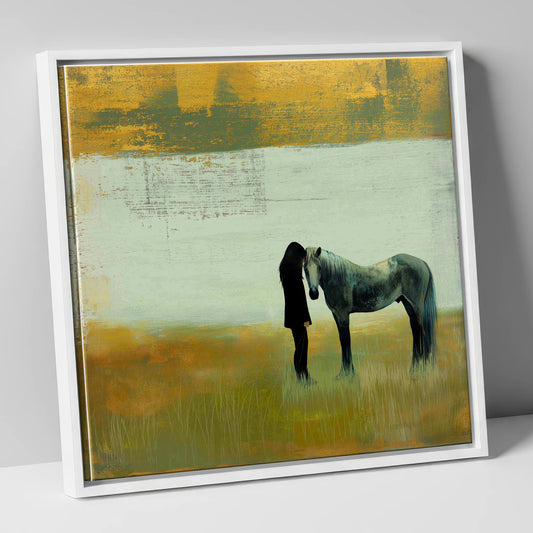 The Quiet Bond horse & rider canvas wall art in white frame
