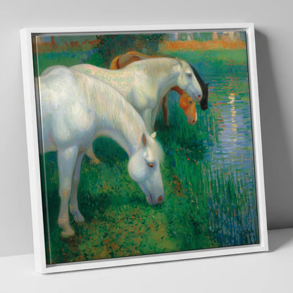 Luminous Riverside Grazing horse landscape canvas wall art in white frame