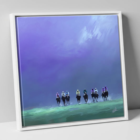Charge Under Violet Skies racing horse canvas wall art in white frame