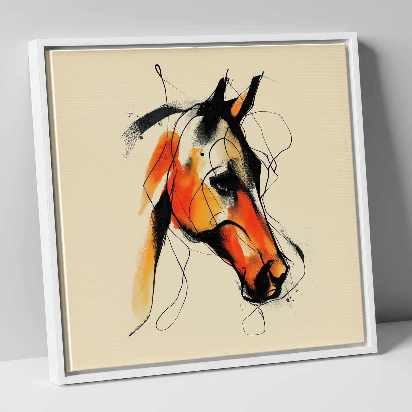 Vivid Amber Equine horse portrait canvas wall art in white frame