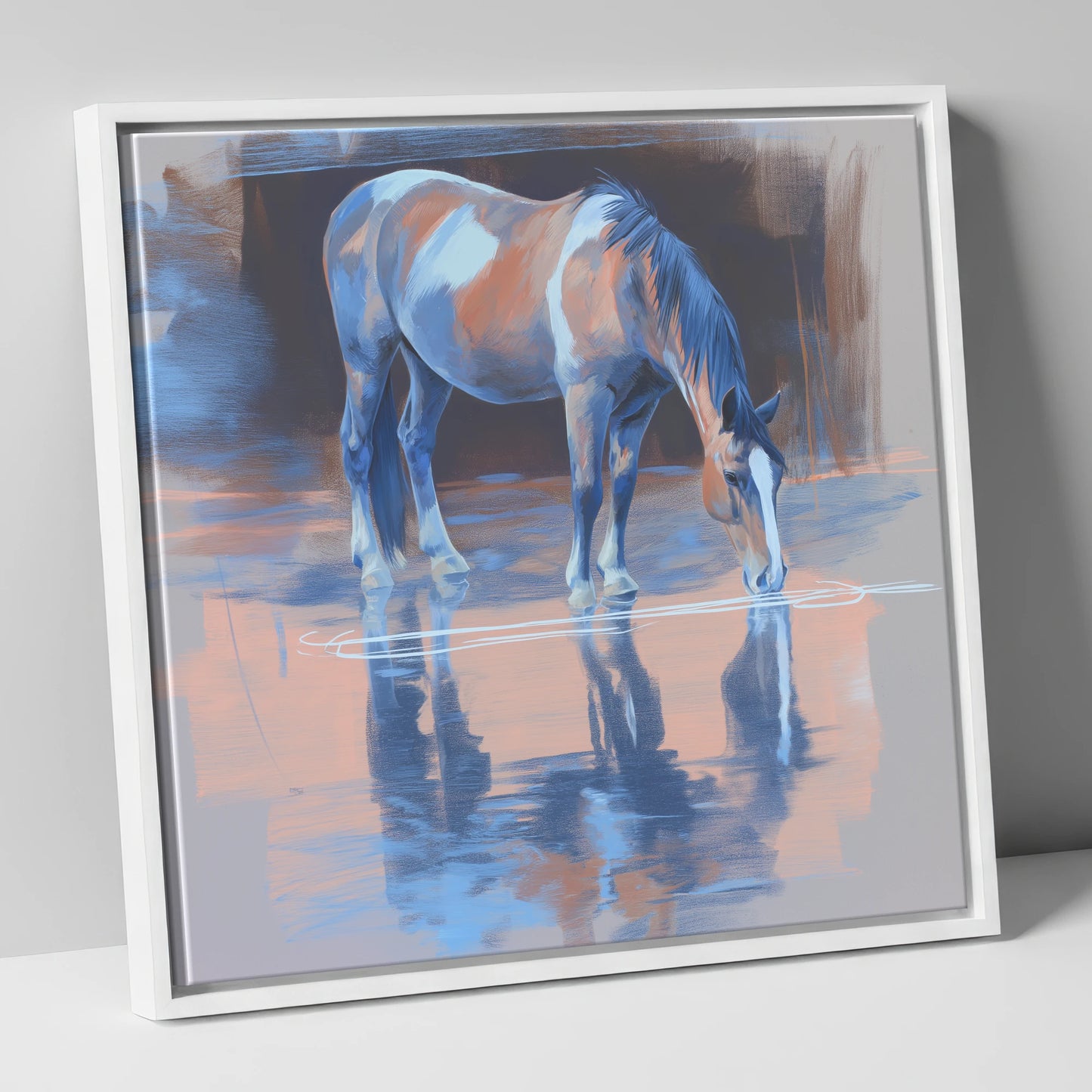 Tranquil Reflection horse portrait canvas wall art in white frame