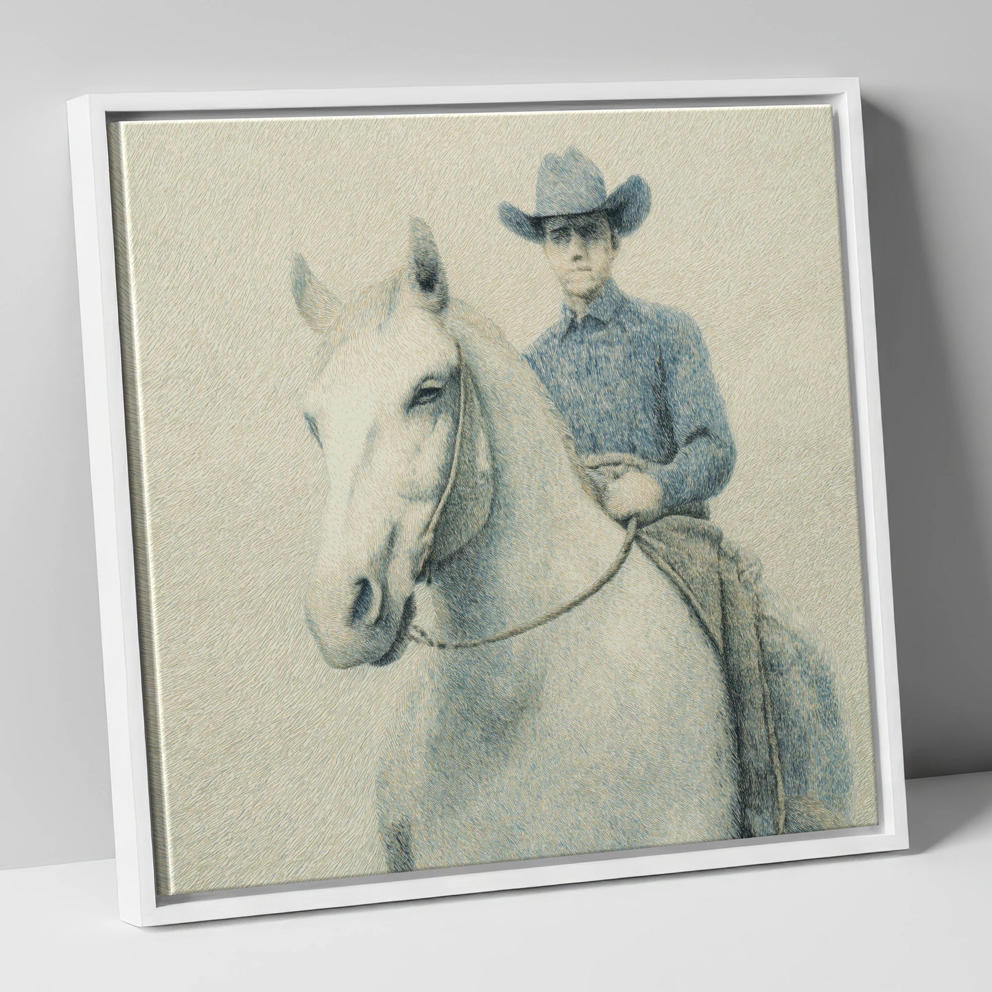 Slate Blue Stockman western horse canvas wall art in white frame