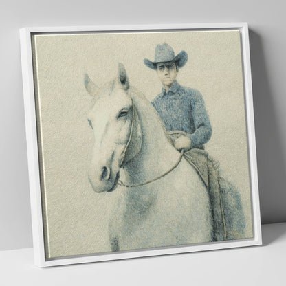 Slate Blue Stockman western horse canvas wall art in white frame
