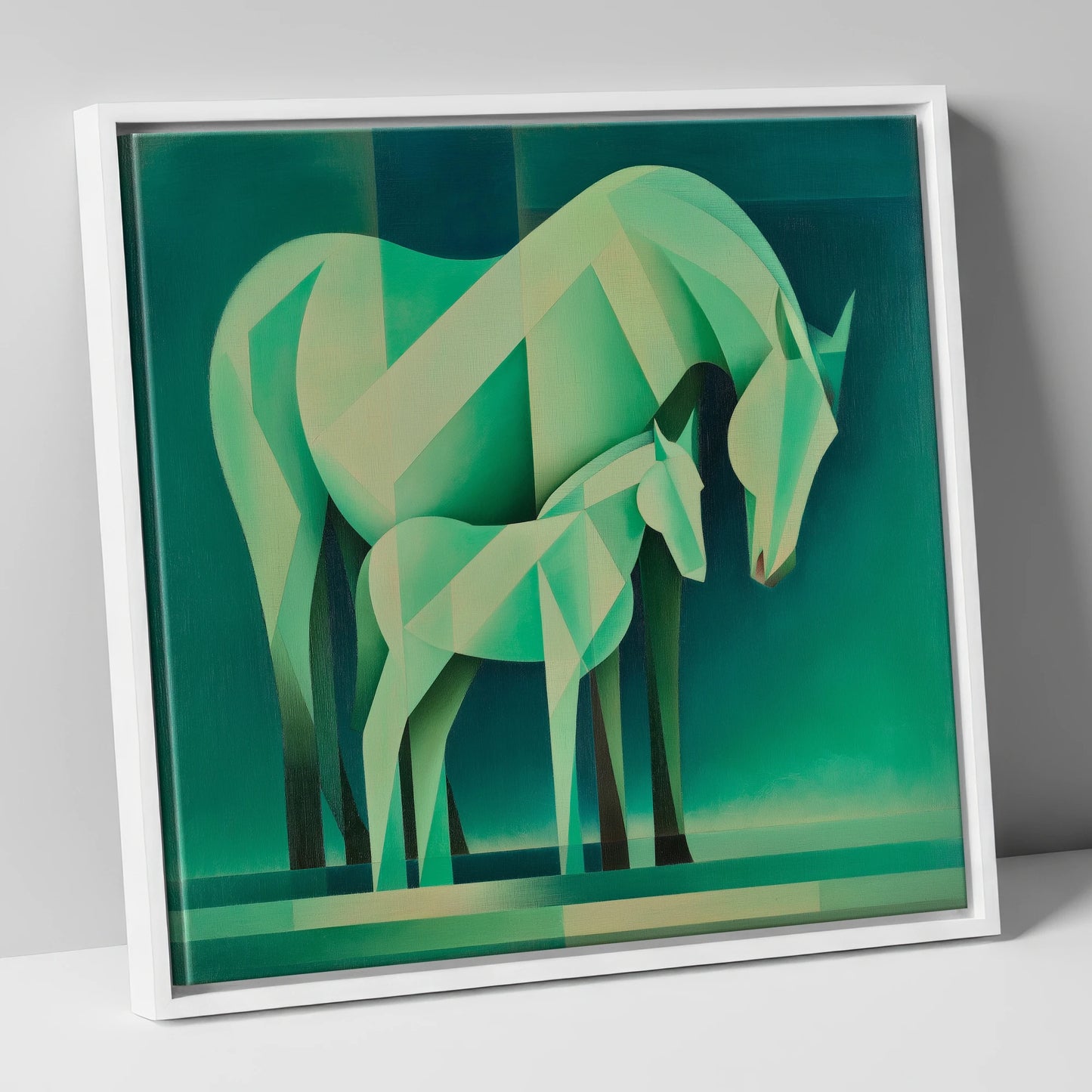 Verdant Harmony mare & foal canvas wall art in white frame