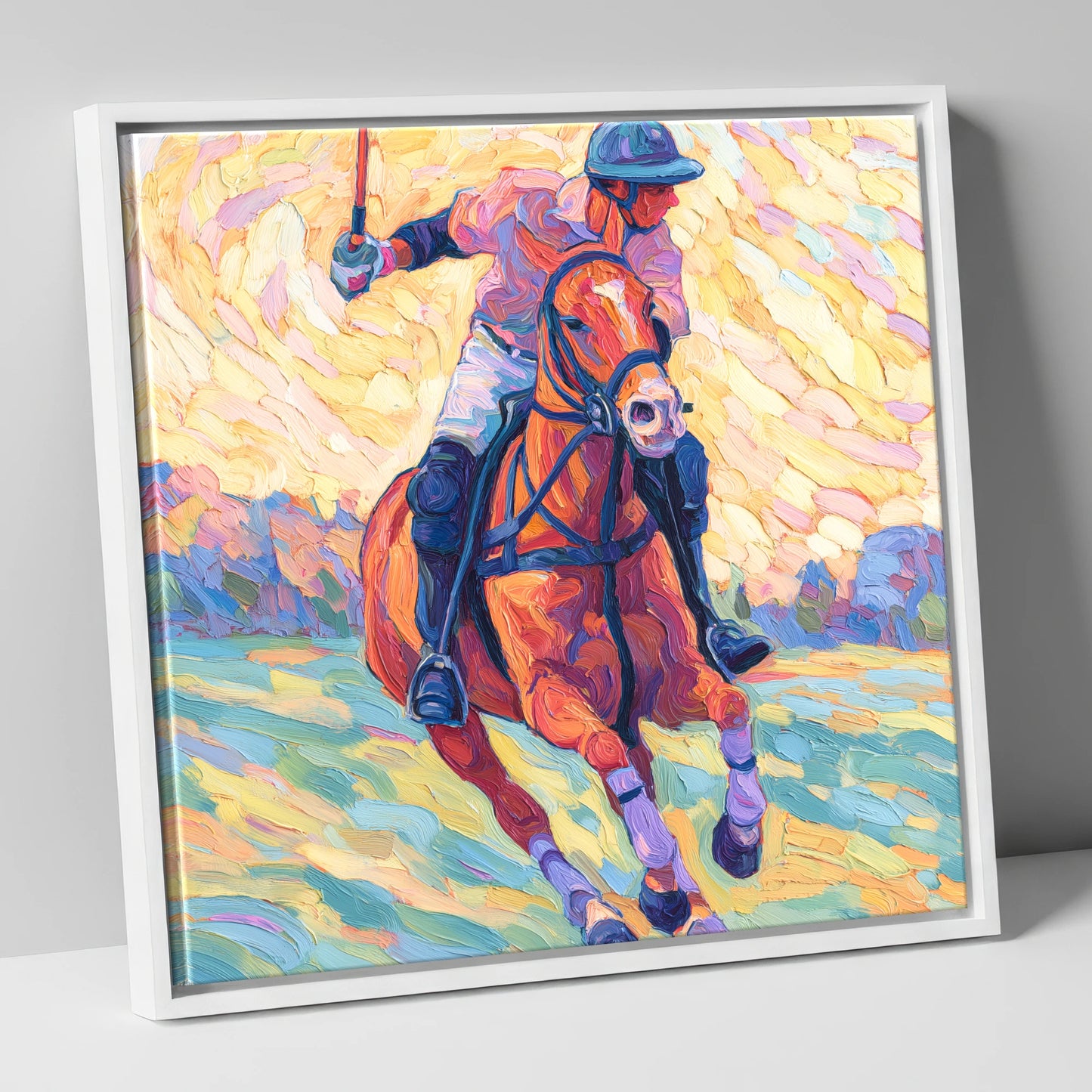 Vivid Polo Pursuit polo horse canvas wall art in white frame