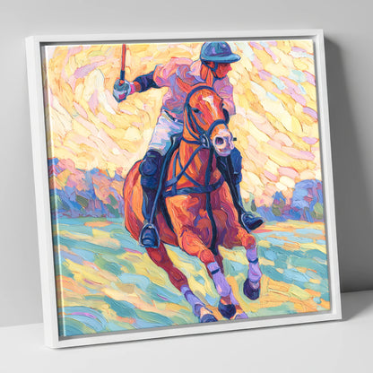 Vivid Polo Pursuit polo horse canvas wall art in white frame